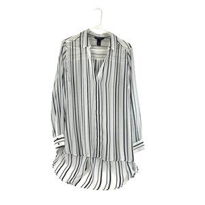 WHBM Women's Black with White Stripe Hi-Low Chiffon Button Front Shirt Sz 14